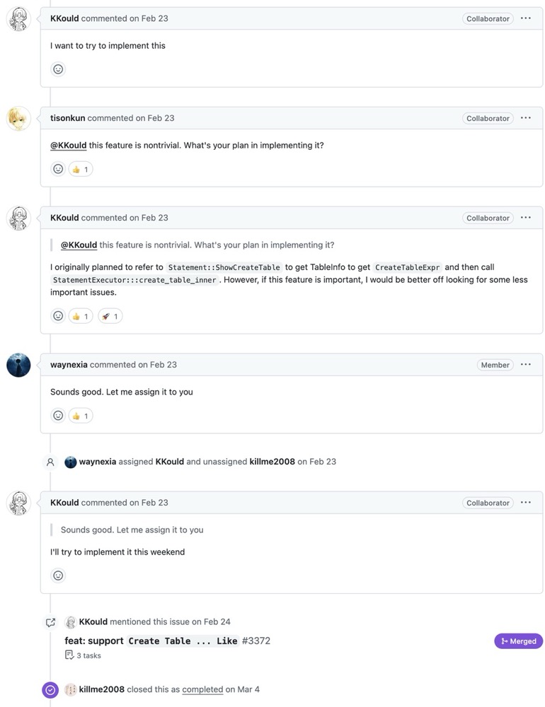 (图 2 :Kould 和 GreptimeDB 沟通尝试 Issue)