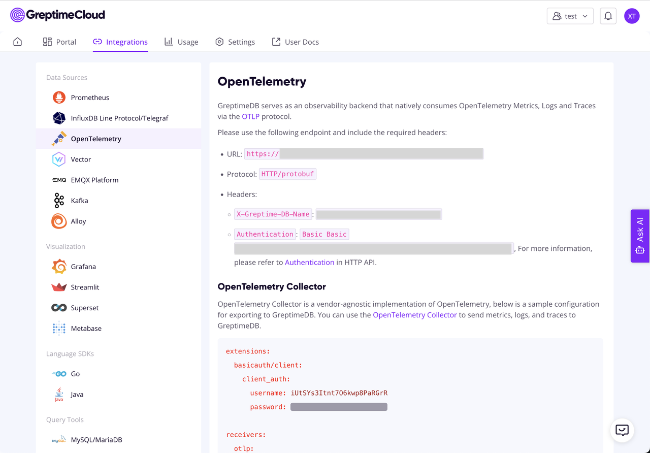 （图 1：GreptimeCloud OTLP）
