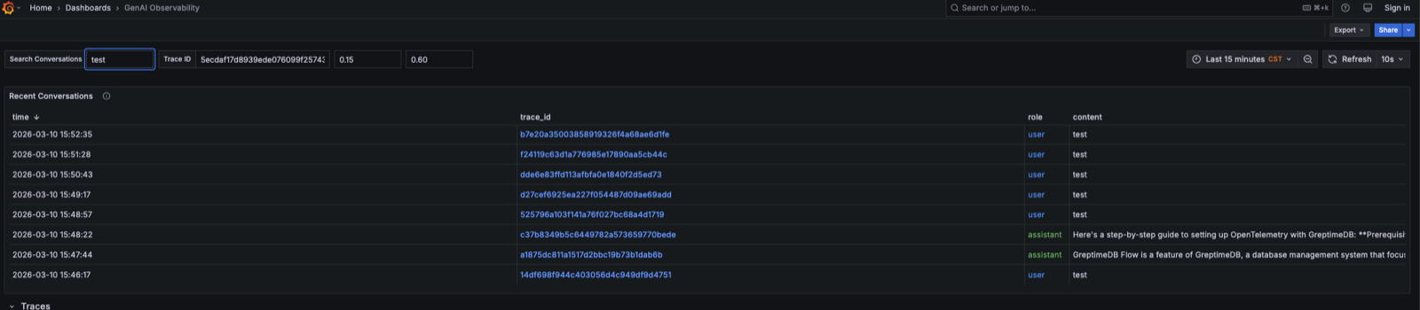 对话检索：输入关键词即可全文搜索历史 prompt/completion，每条记录携带 trace_id