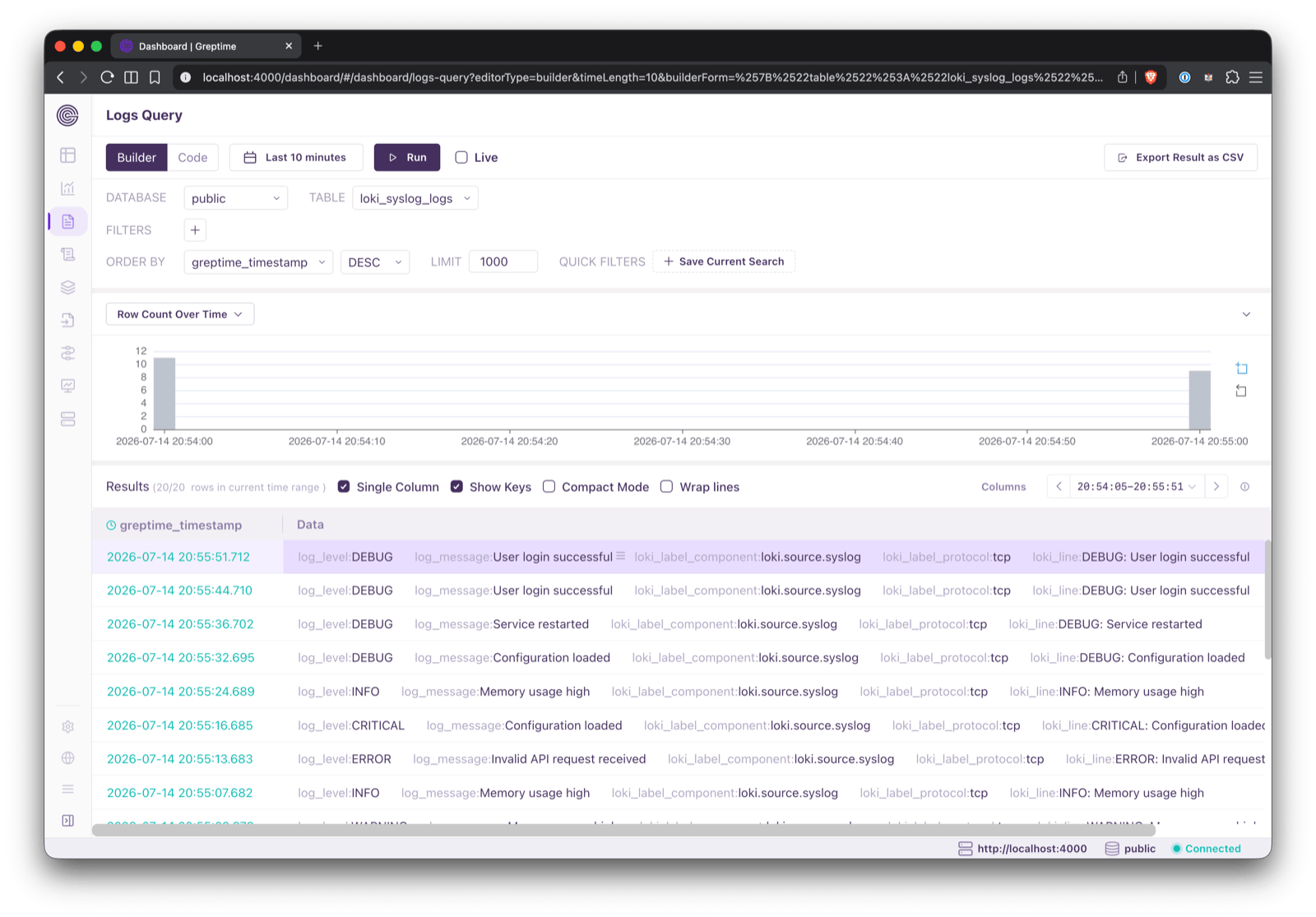 在 Logs Query 中查看 loki_syslog_logs 表的结构化列